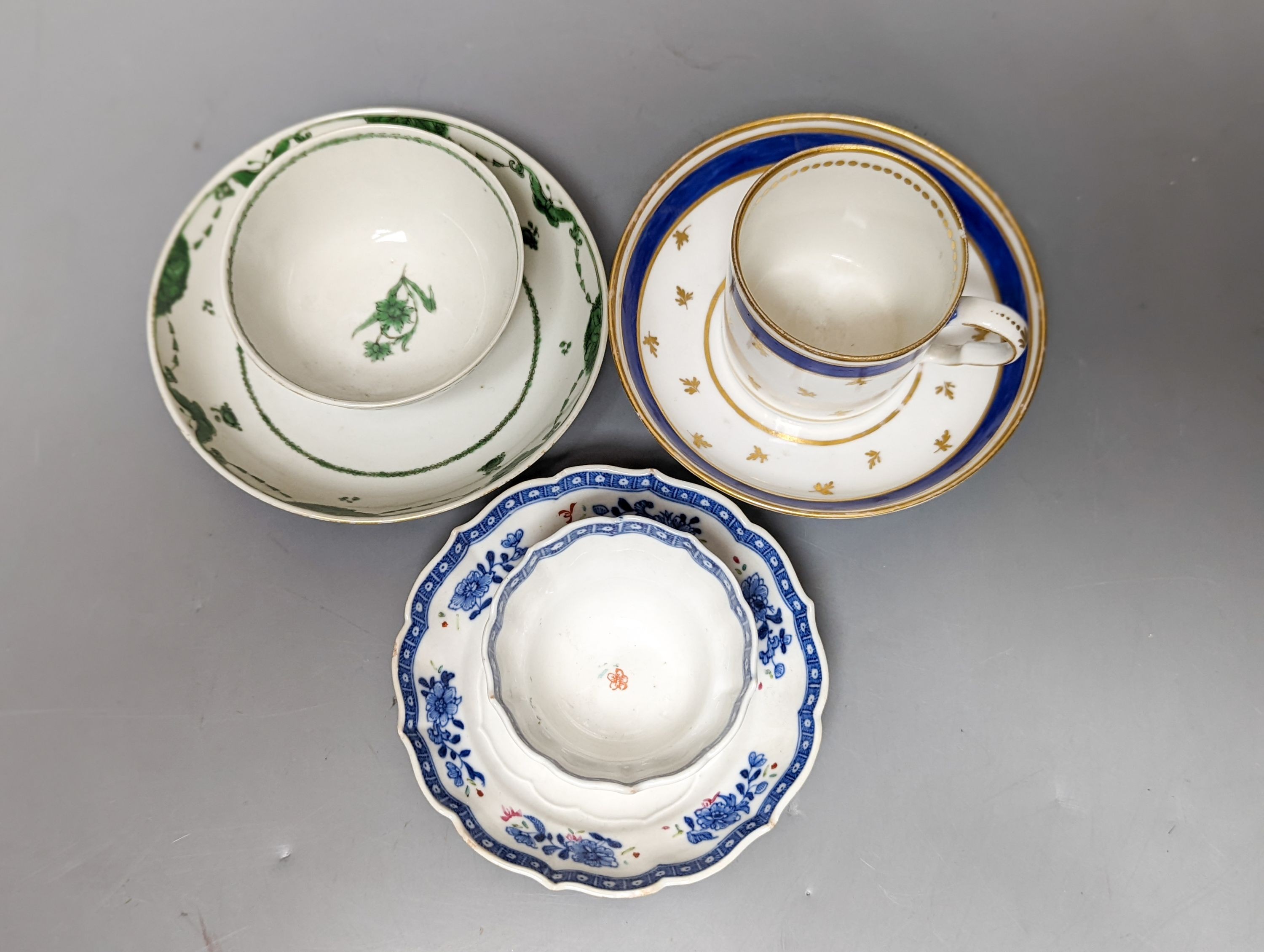 Two 18th century Chinese tea bowls, a 19th century German coffee can and saucer, a Spode coffee can and another